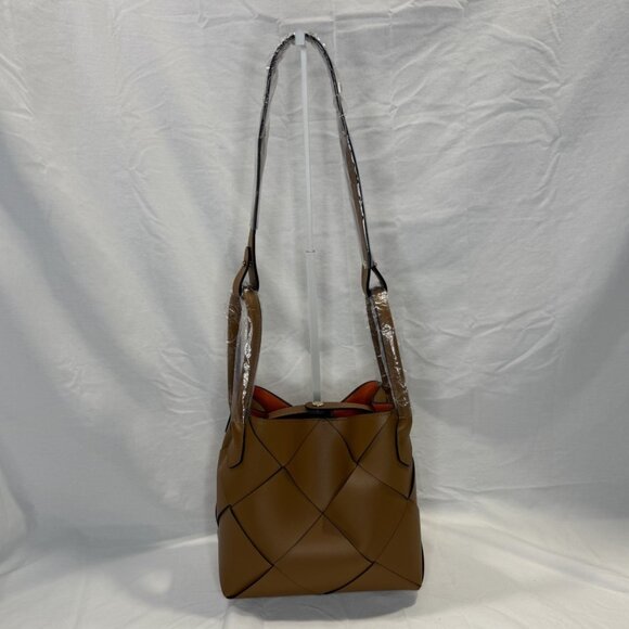 Caramel Woven Leather Bucket Bag, Loop Handles, Removable Shoulder Strap, NWOT - Picture 1 of 16